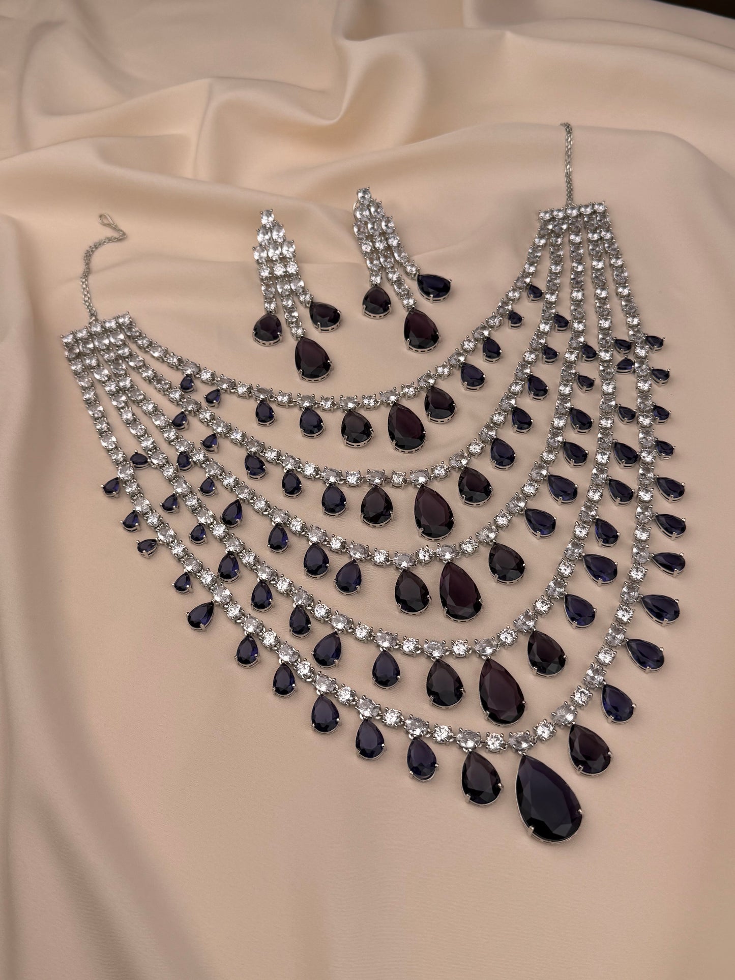 Dewdrop Rose Ensemble American Diamond Long Necklace Set