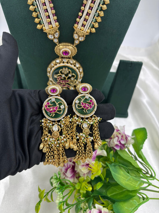 HANVI PREMIUM LONG ANTIQUE GOLD NECKLACE SET.