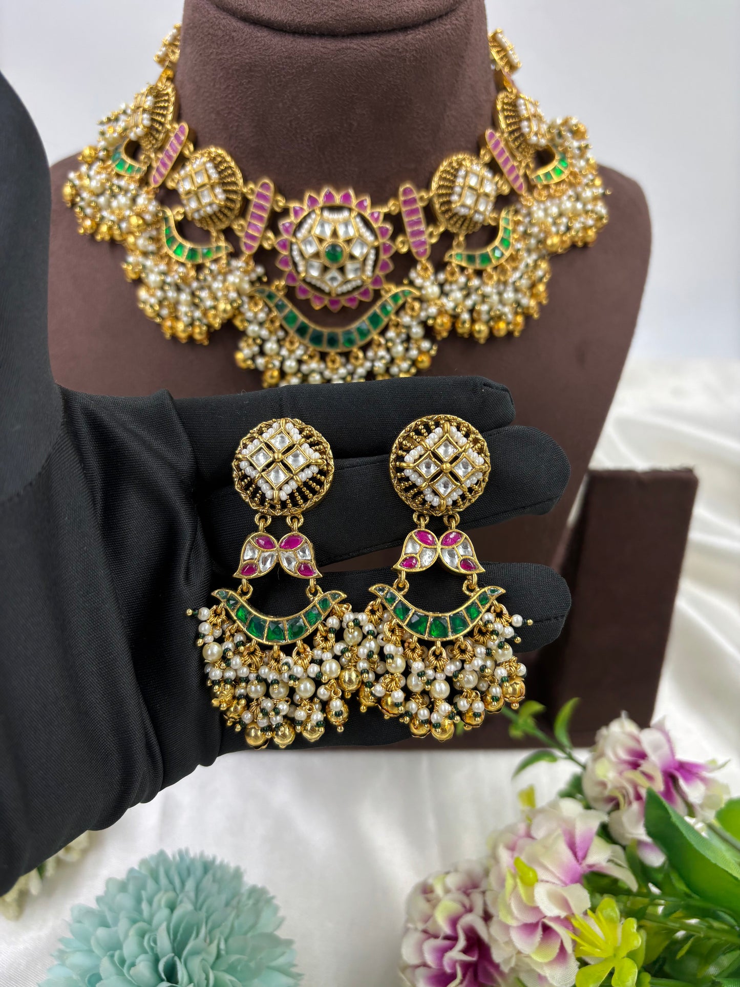 Navya Premium Antique Gold Pachi Kundan Necklace Set