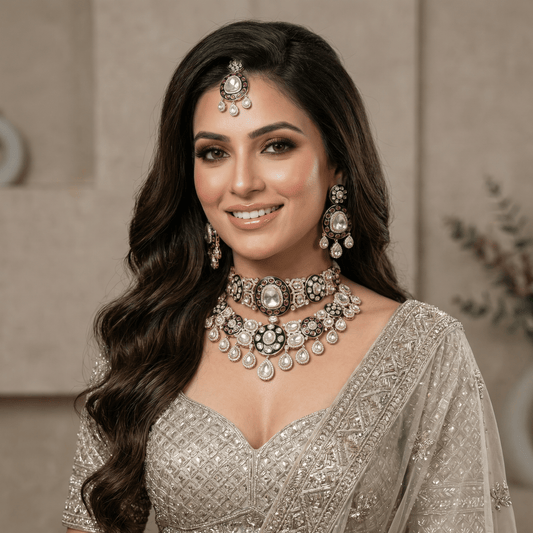 Rivee Moissanite Kundan Semi Bridal Necklace Set