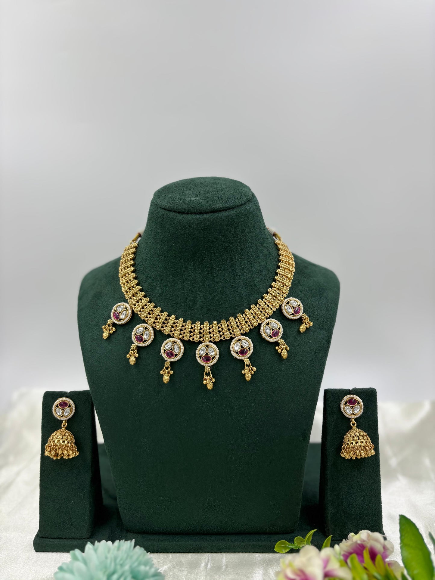Rajwadi Gold Necklace Set with Jhumkas