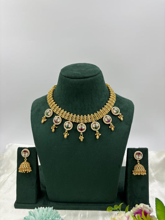 Rajwadi Gold Necklace Set with Jhumkas