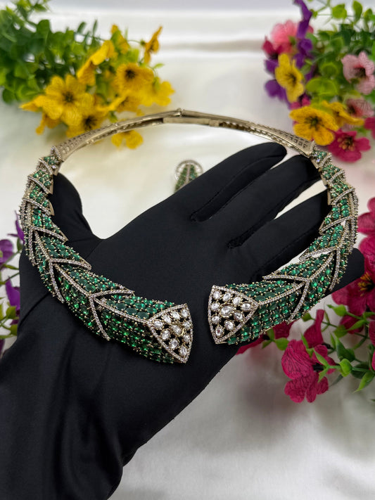 Green Necklace Set detail shot showing Kundan work