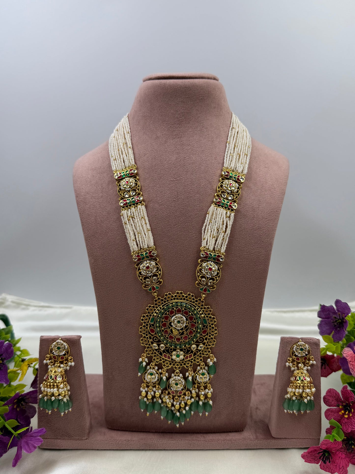 Priyanka Pachi Kundan Long Necklace Set
