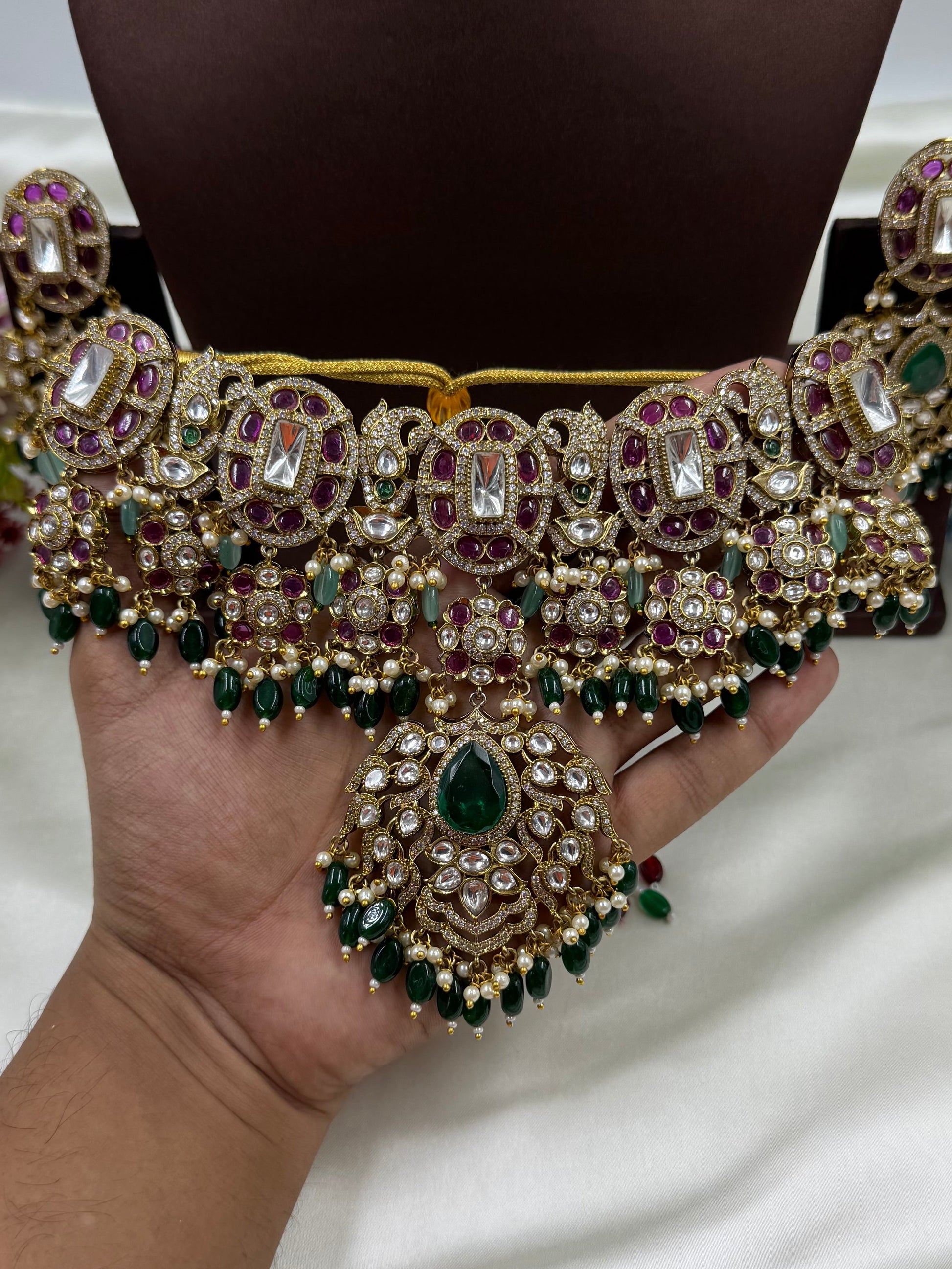 Multi Choker Necklace Set detail shot showing Kundan work