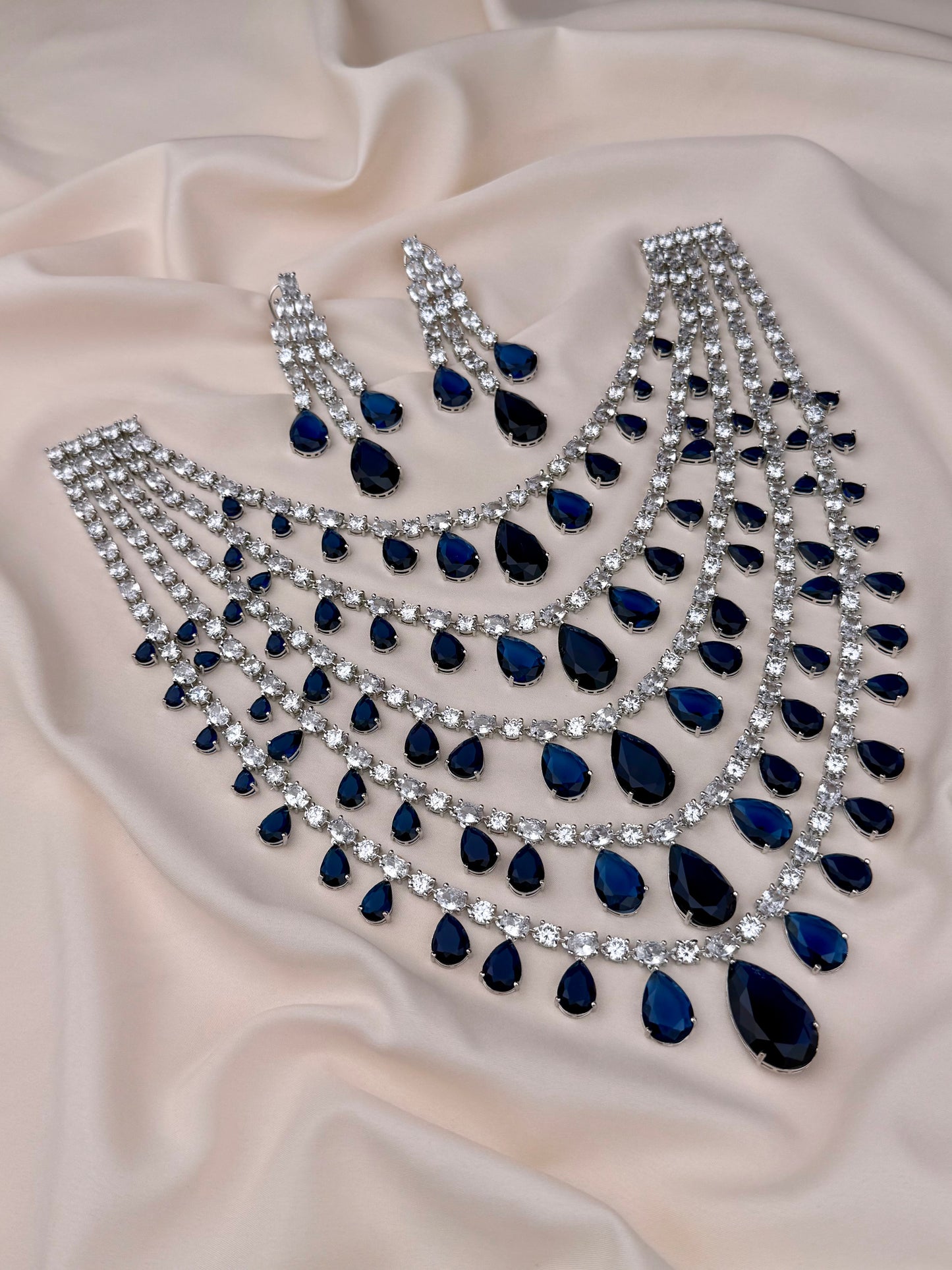 Dewdrop Rose Ensemble American Diamond Long Necklace Set
