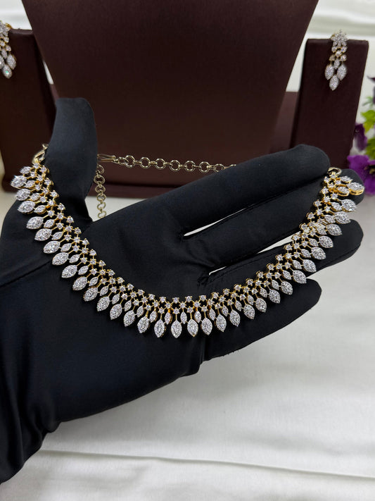 White Necklace Set detail shot showing American Diamond work