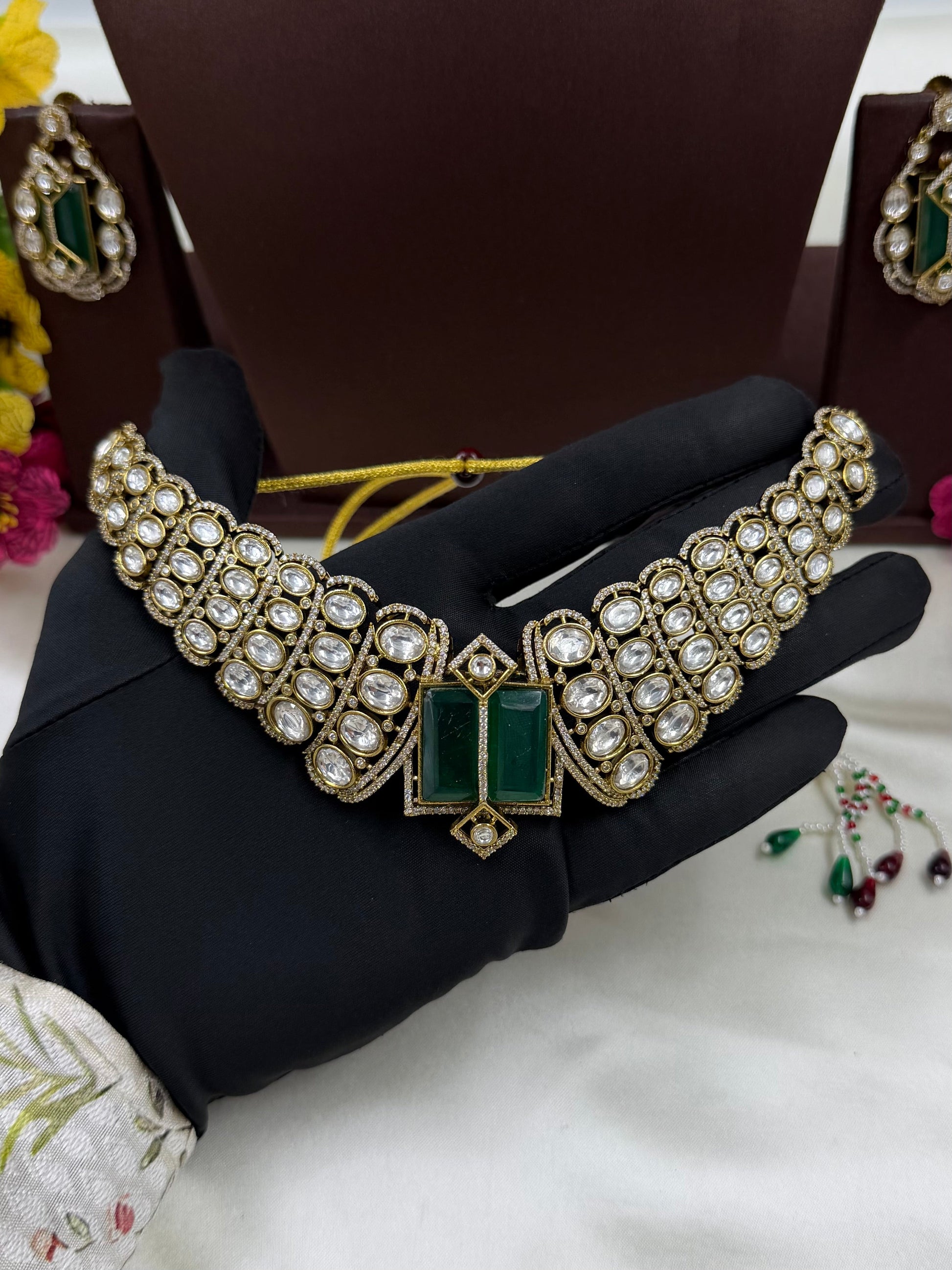 Green Choker Necklace Set detail shot showing Kundan work