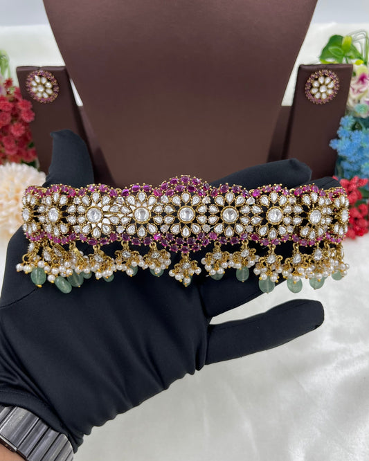 Rumani  Multi Drop Kundan Choker Necklace.