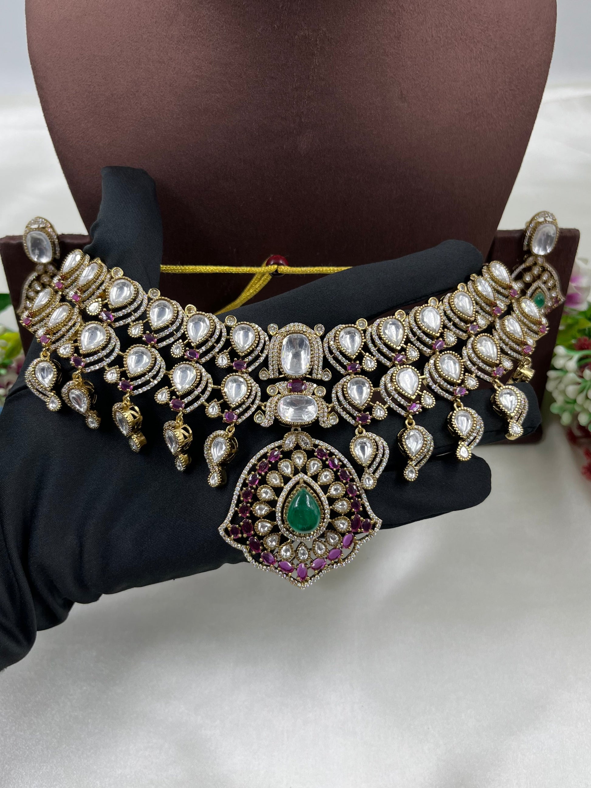 Multi Choker Necklace Set detail shot showing Moissanite work