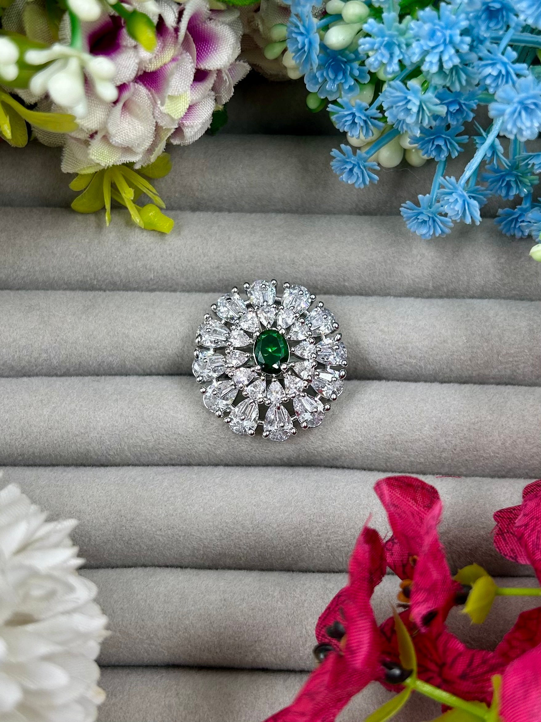 Green Ring detail shot showing American Diamond work