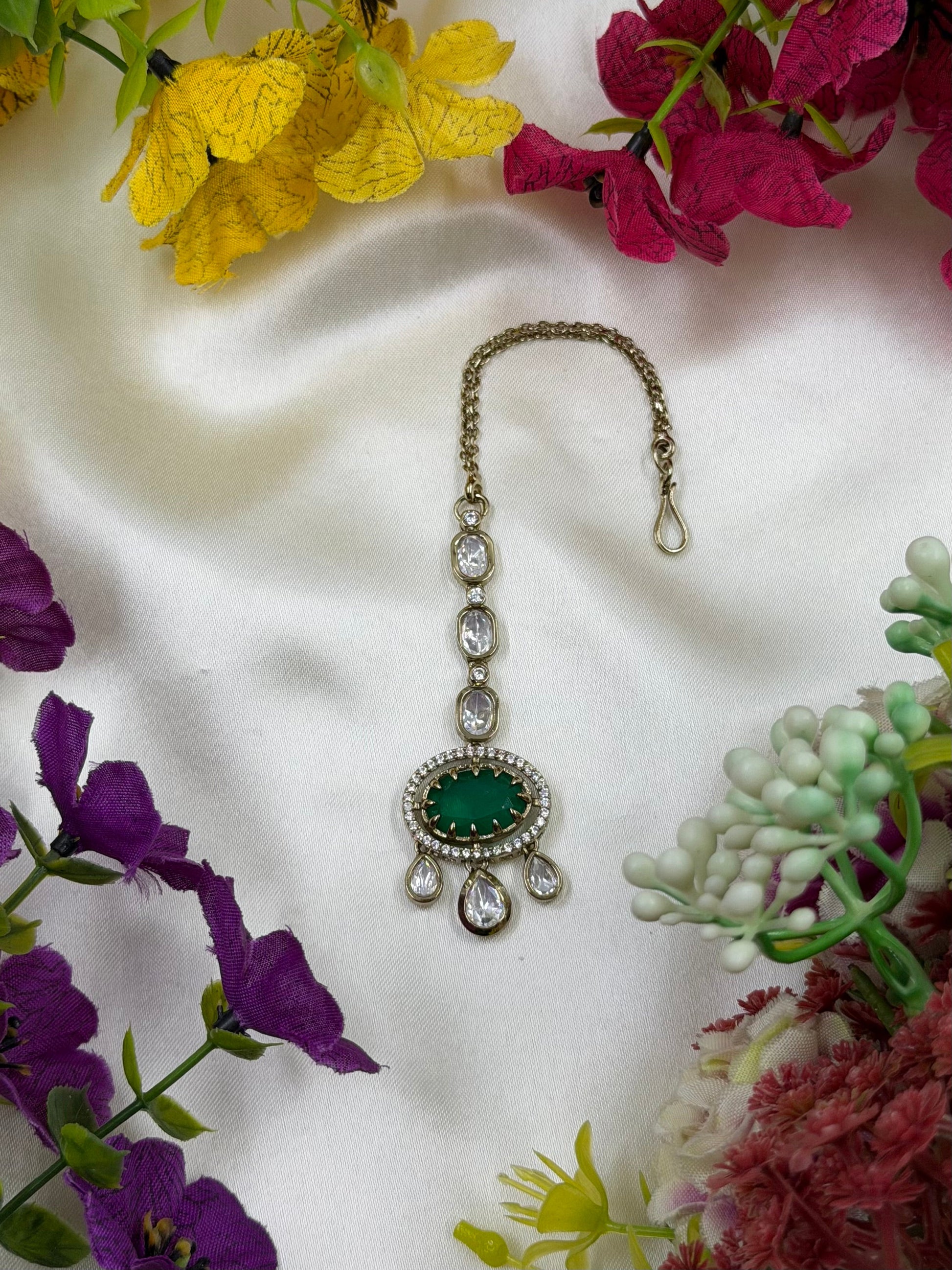 Ruby Maang Tikka detail shot showing Victorian work