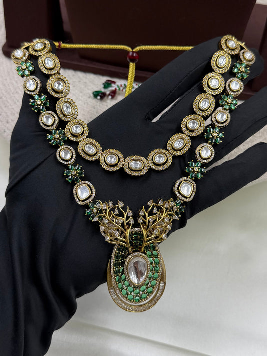 Green Necklace Set detail shot showing Kundan work