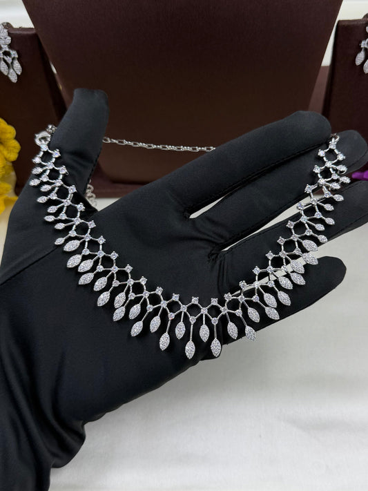 White Necklace Set detail shot showing American Diamond work