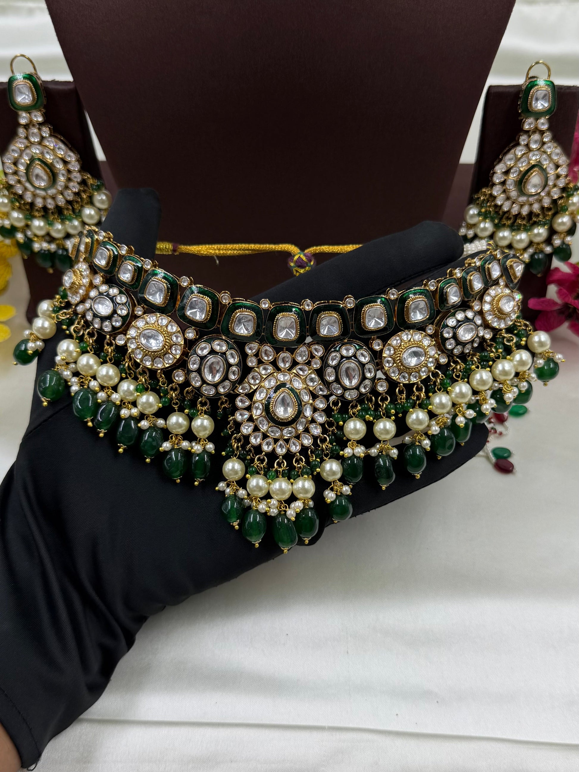 Green Choker Necklace Set detail shot showing Kundan work