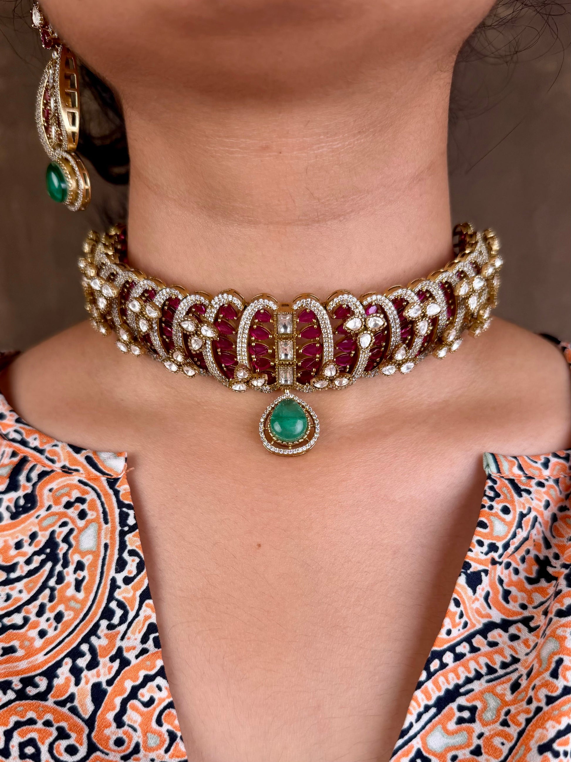 Pista Choker Necklace Set detail shot showing Kundan work