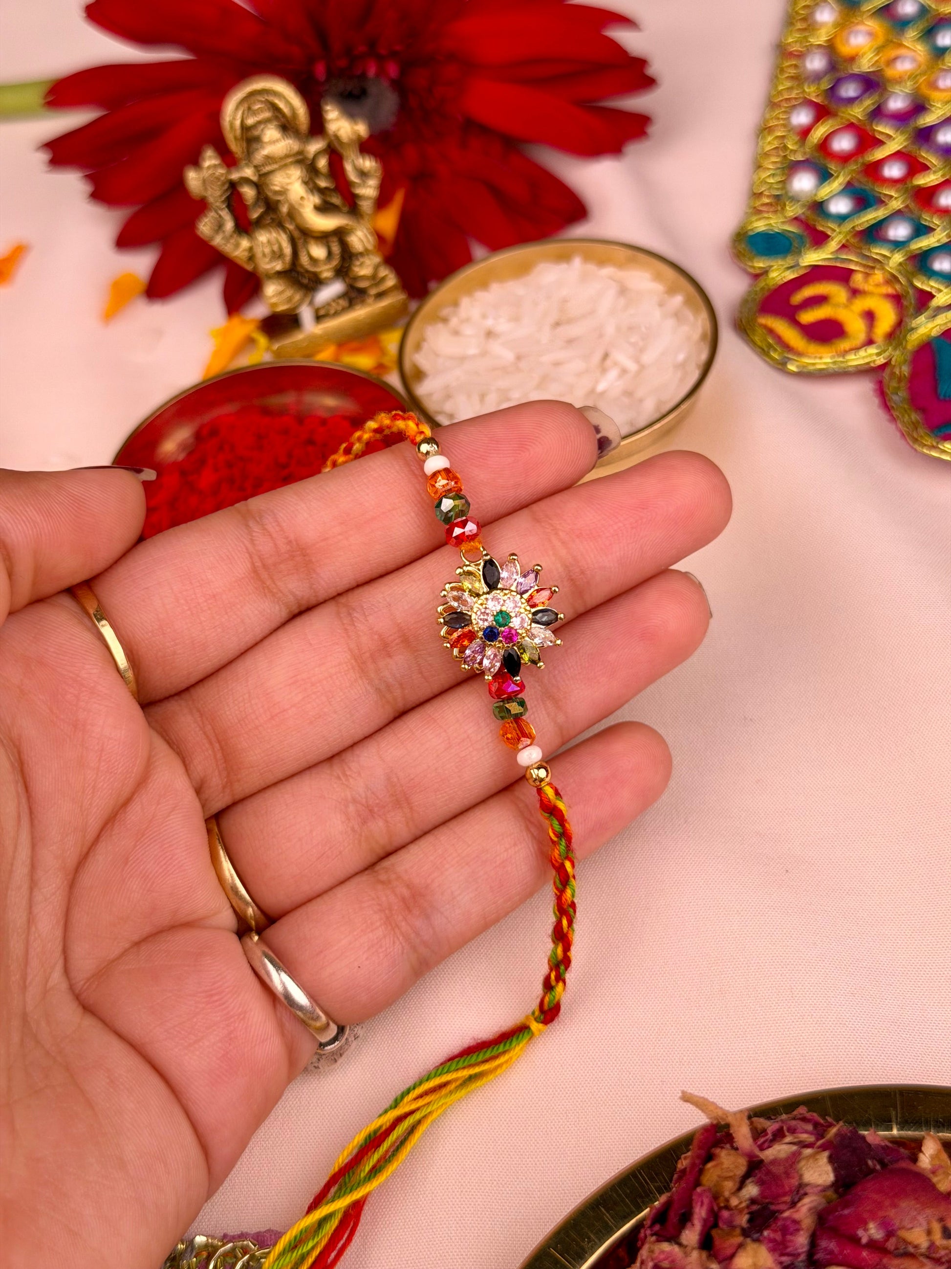Rainbow Rakhi worn styled with traditional outfit