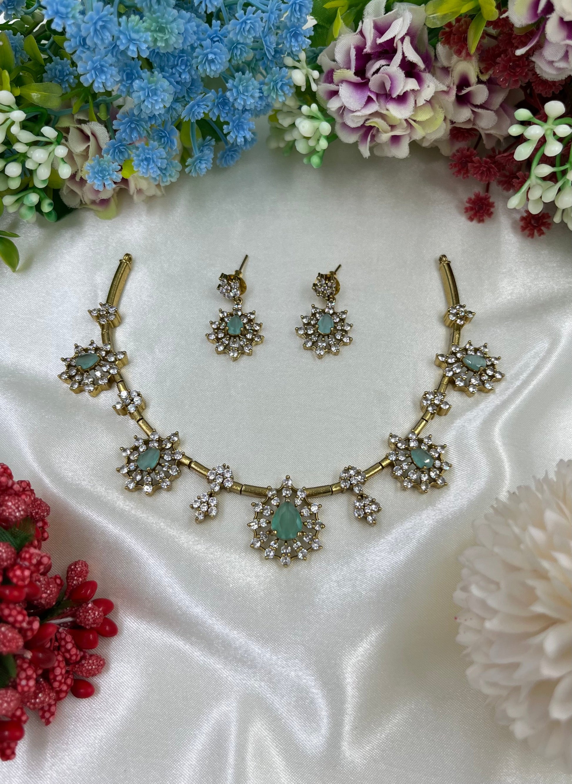 Green Necklace Set detail shot showing Victorian work