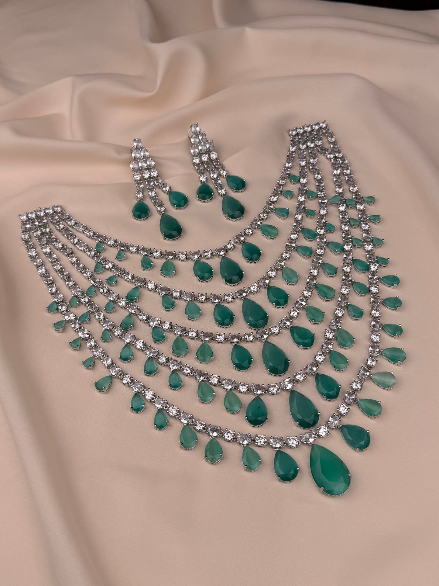 Dewdrop Rose Ensemble American Diamond Long Necklace Set
