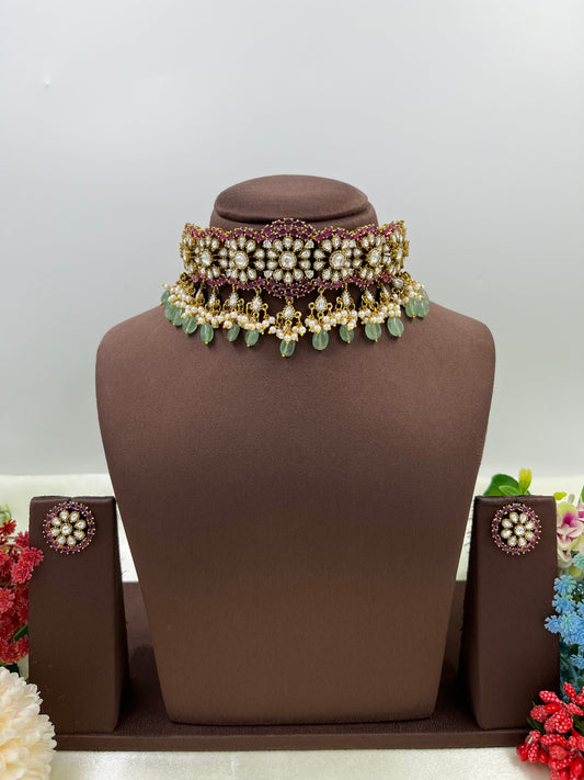 Rumani  Multi Drop Kundan Choker Necklace.
