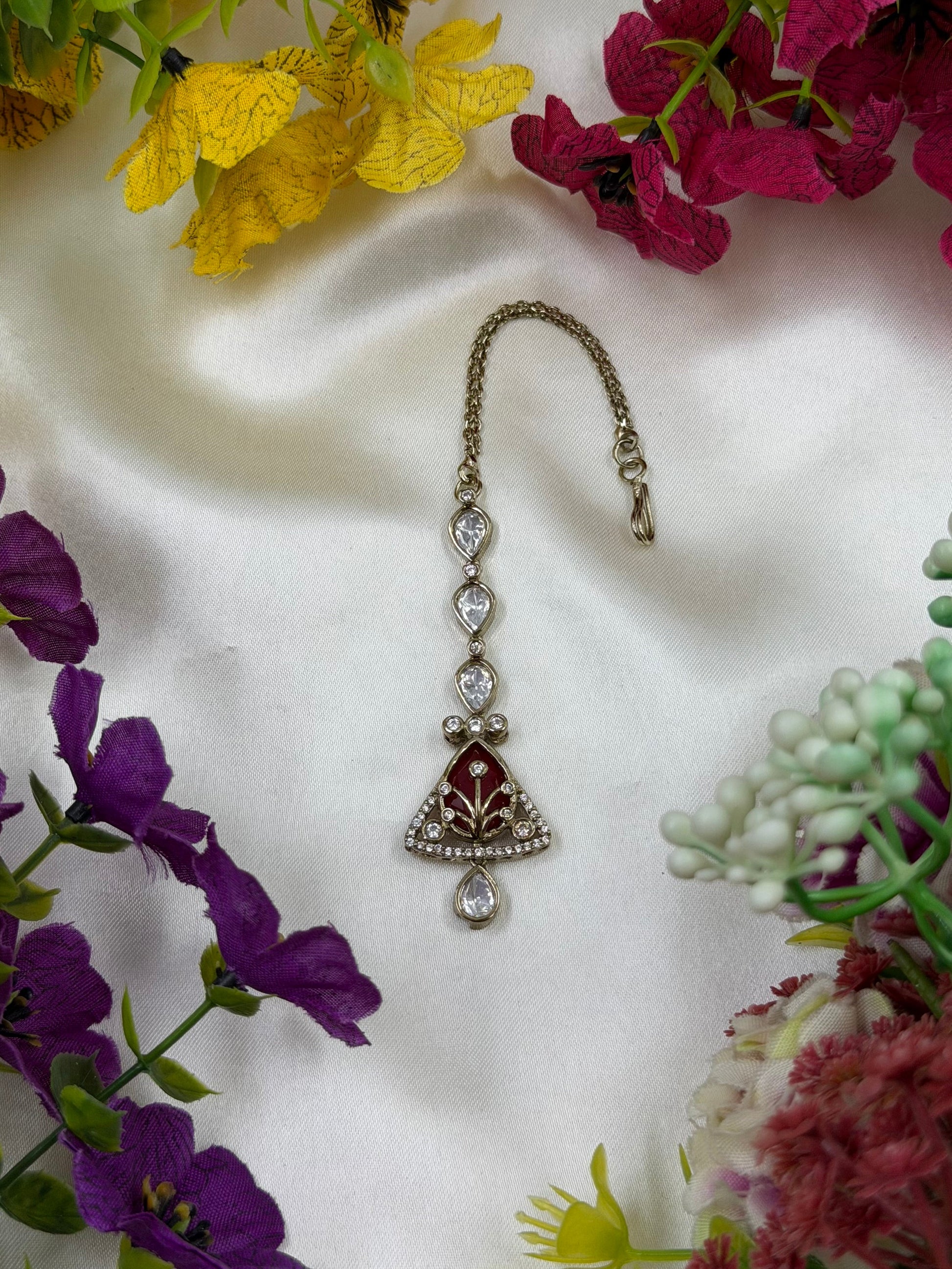 Pista Maang Tikka detail shot showing Victorian work