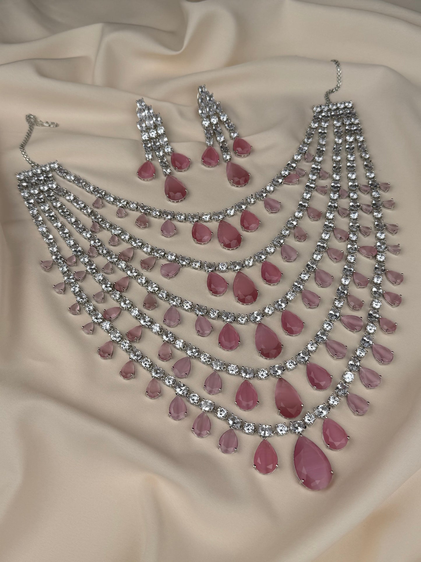 Dewdrop Rose Ensemble American Diamond Long Necklace Set