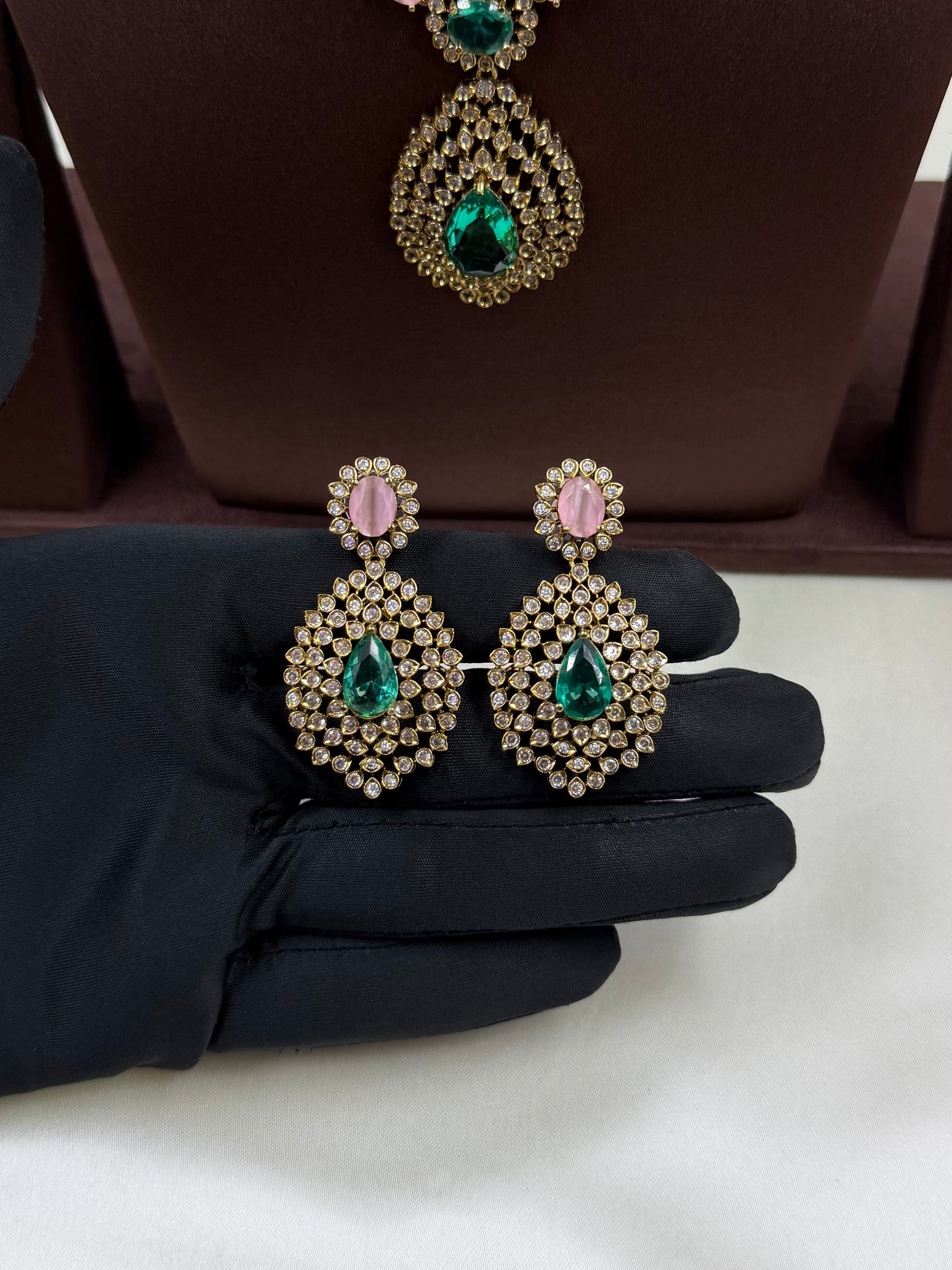 Mint Pink Necklace Set detail shot showing Victorian work