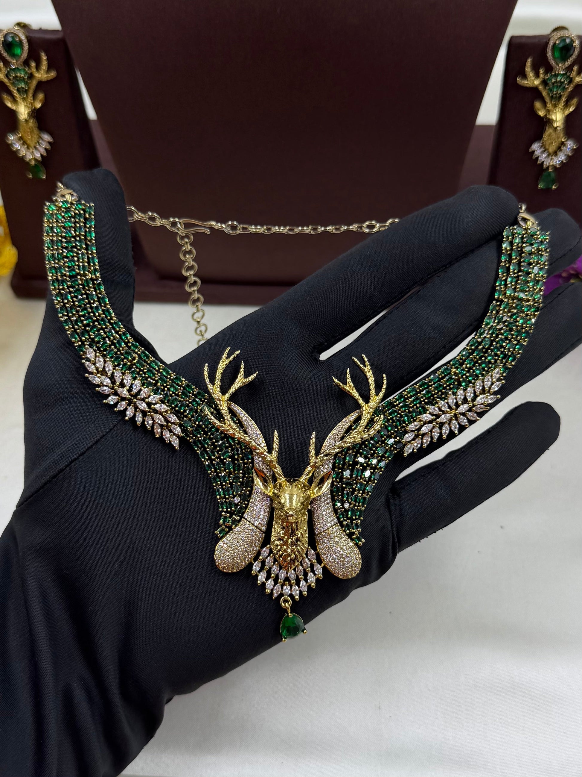 Green Necklace Set detail shot showing Victorian work