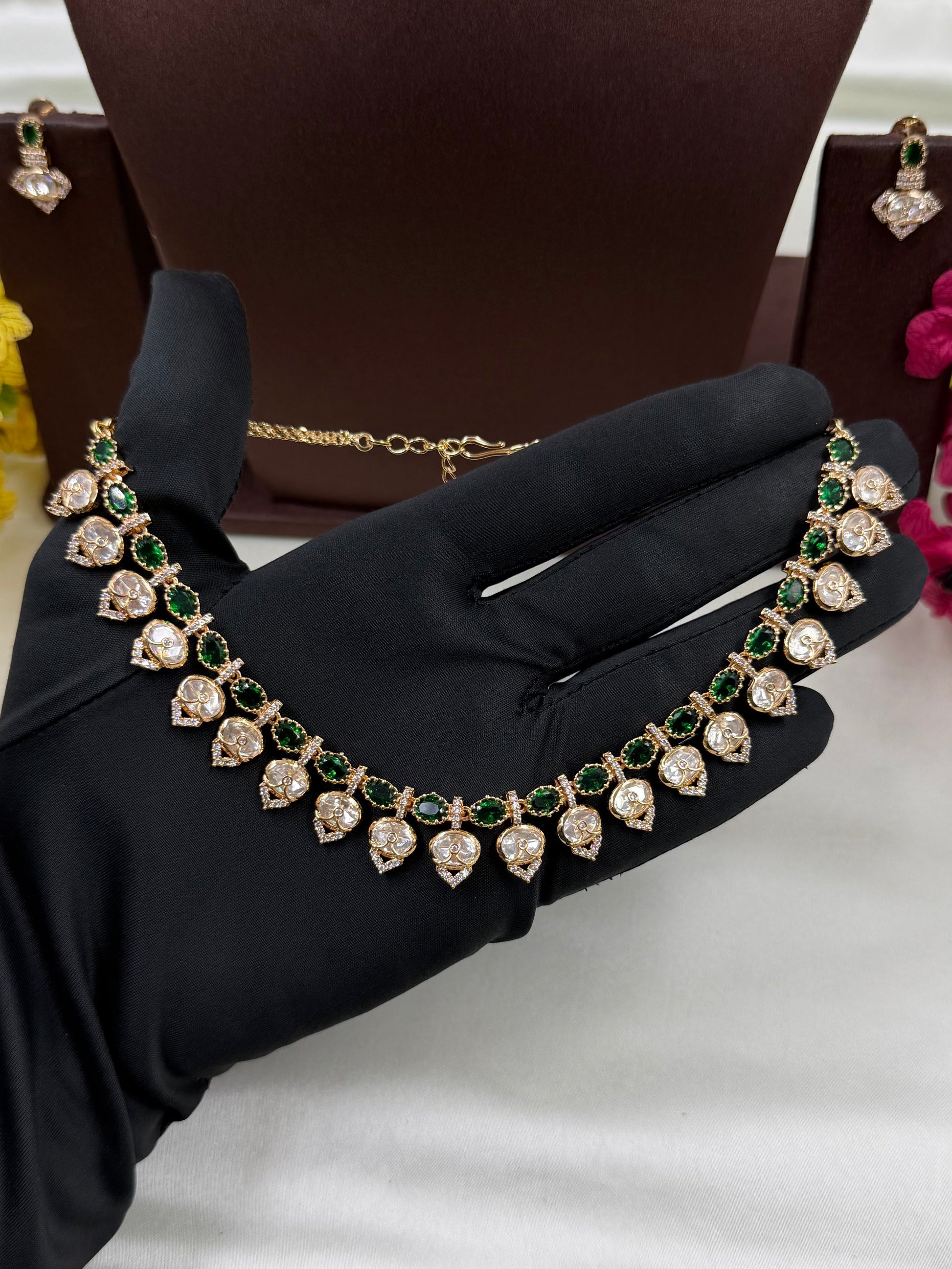 Green Necklace Set detail shot showing Moissanite work