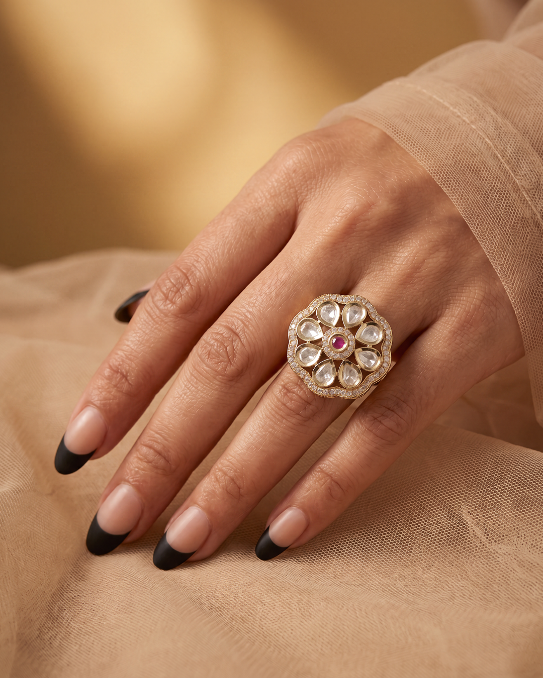 Aura Premium Moissanite Kundan Finger Ring
