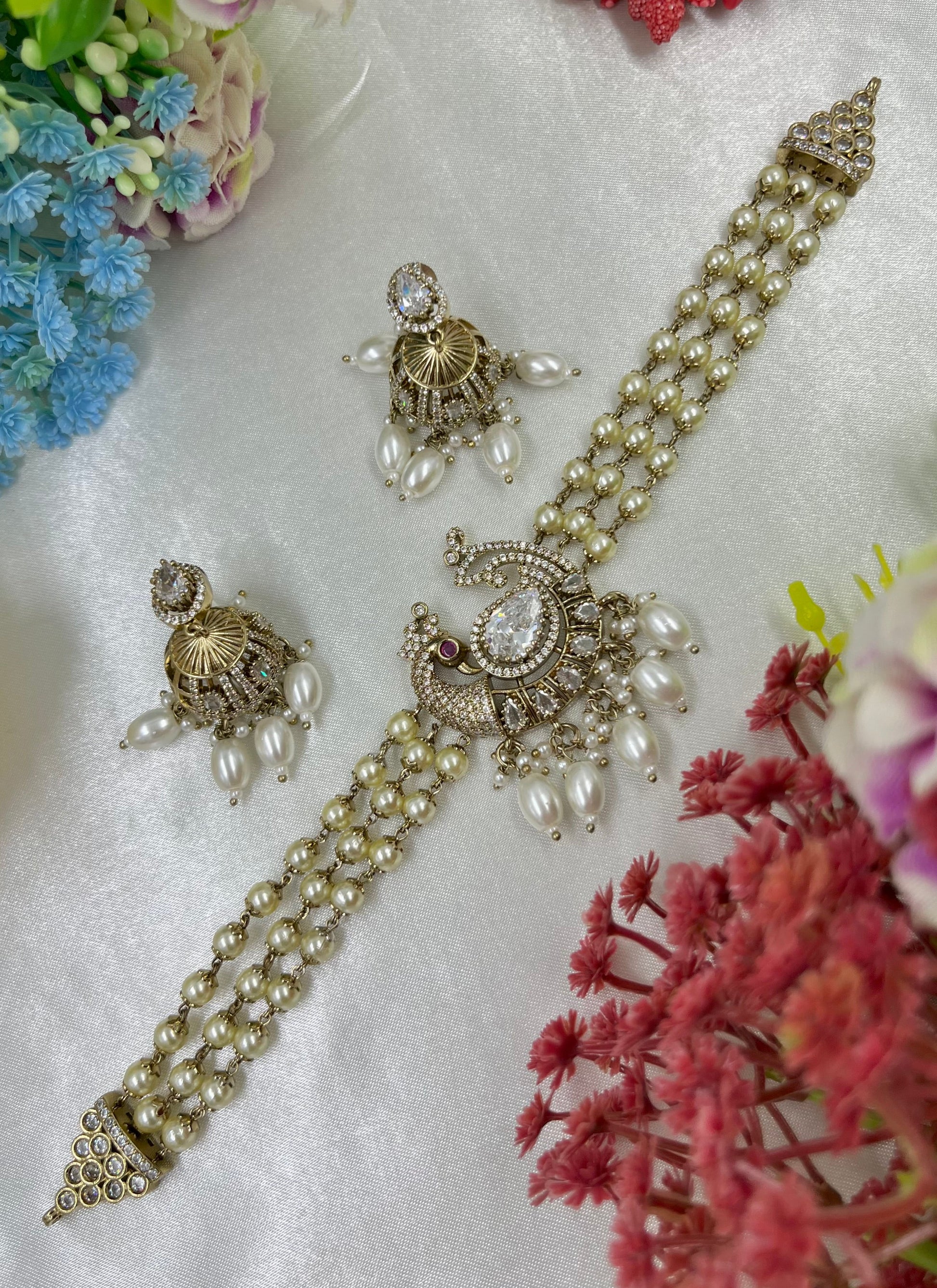 Whine Red Choker Necklace Set detail shot showing Victorian work