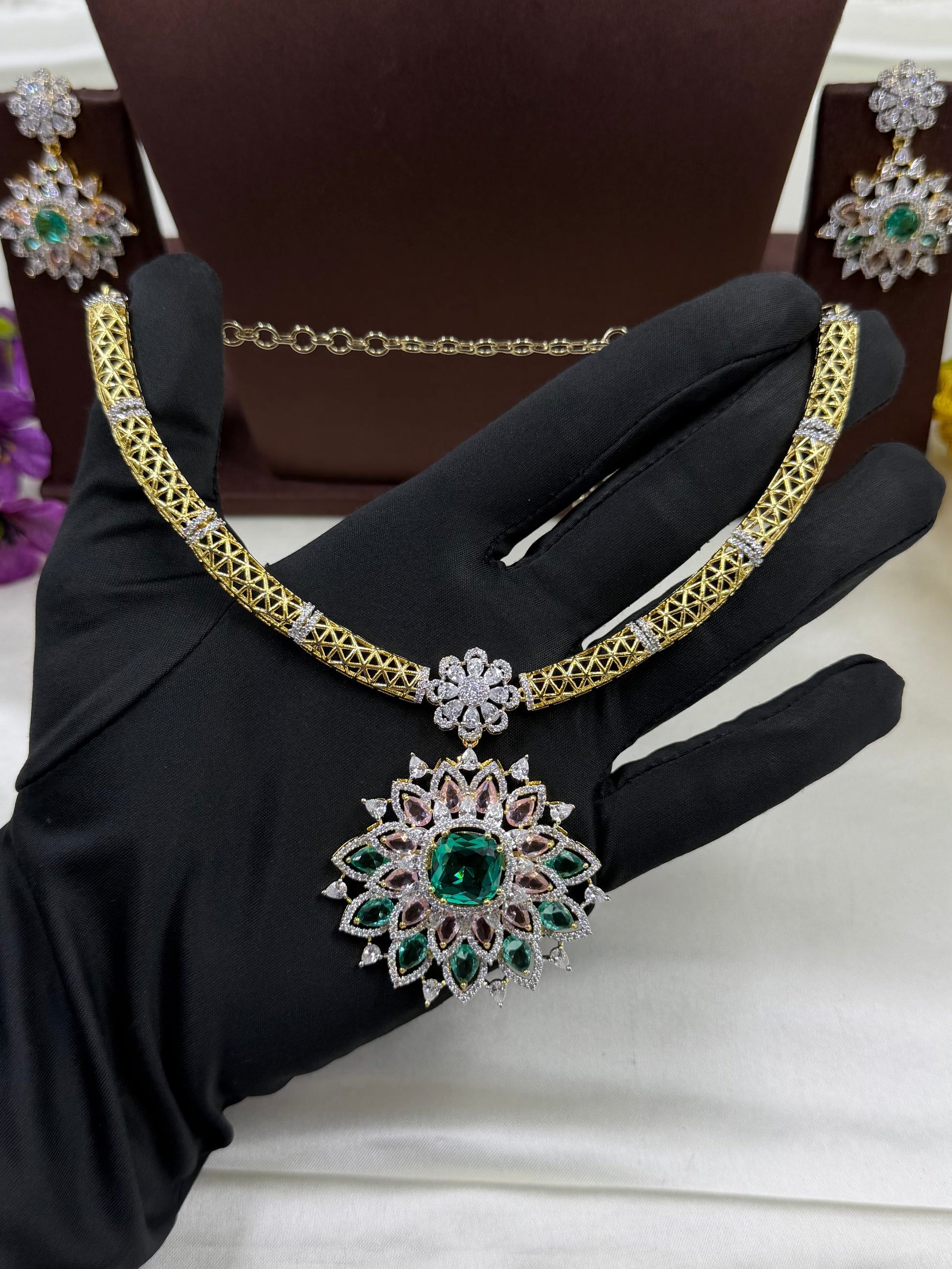 Multi Necklace Set detail shot showing American Diamond work