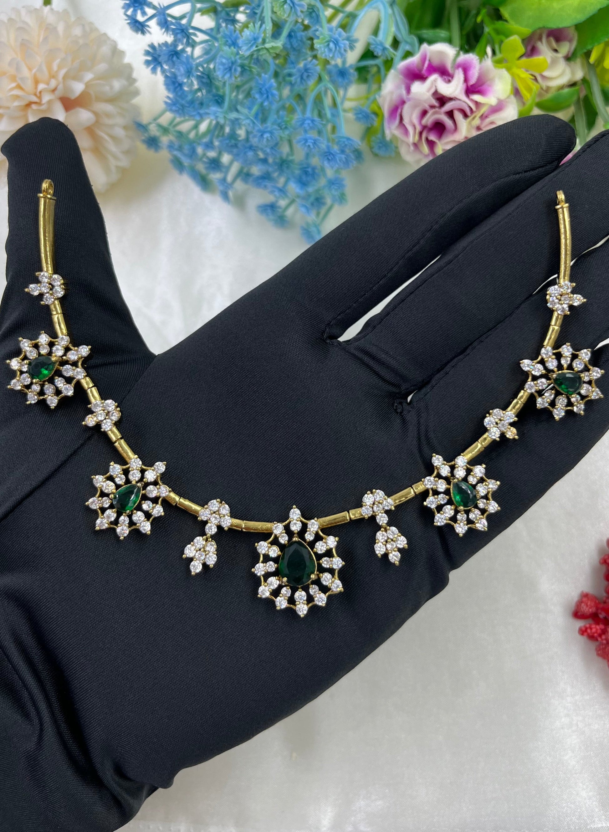 Green Necklace Set detail shot showing Victorian work