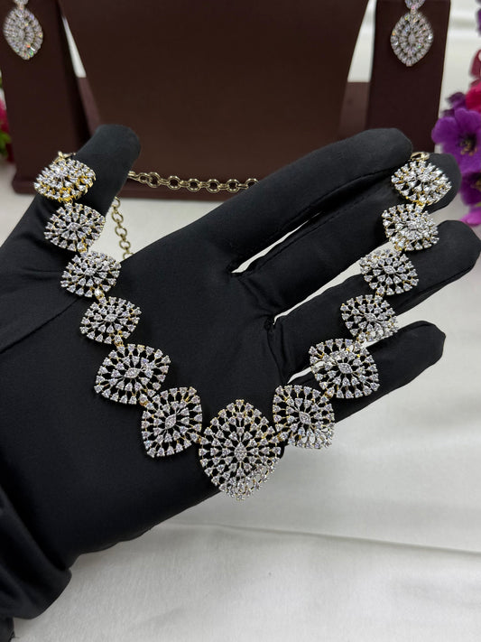 White Necklace Set detail shot showing American Diamond work
