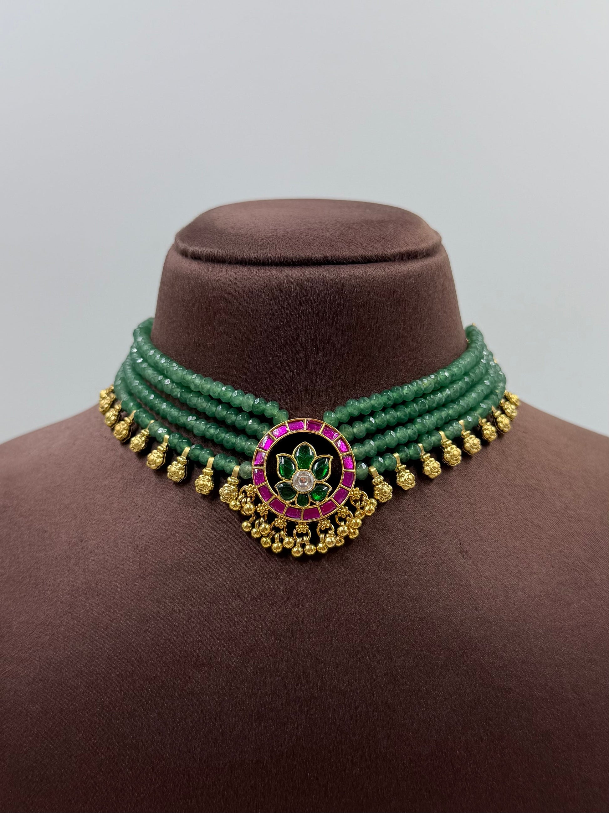 Multi Choker Necklace Set detail shot showing Kundan work
