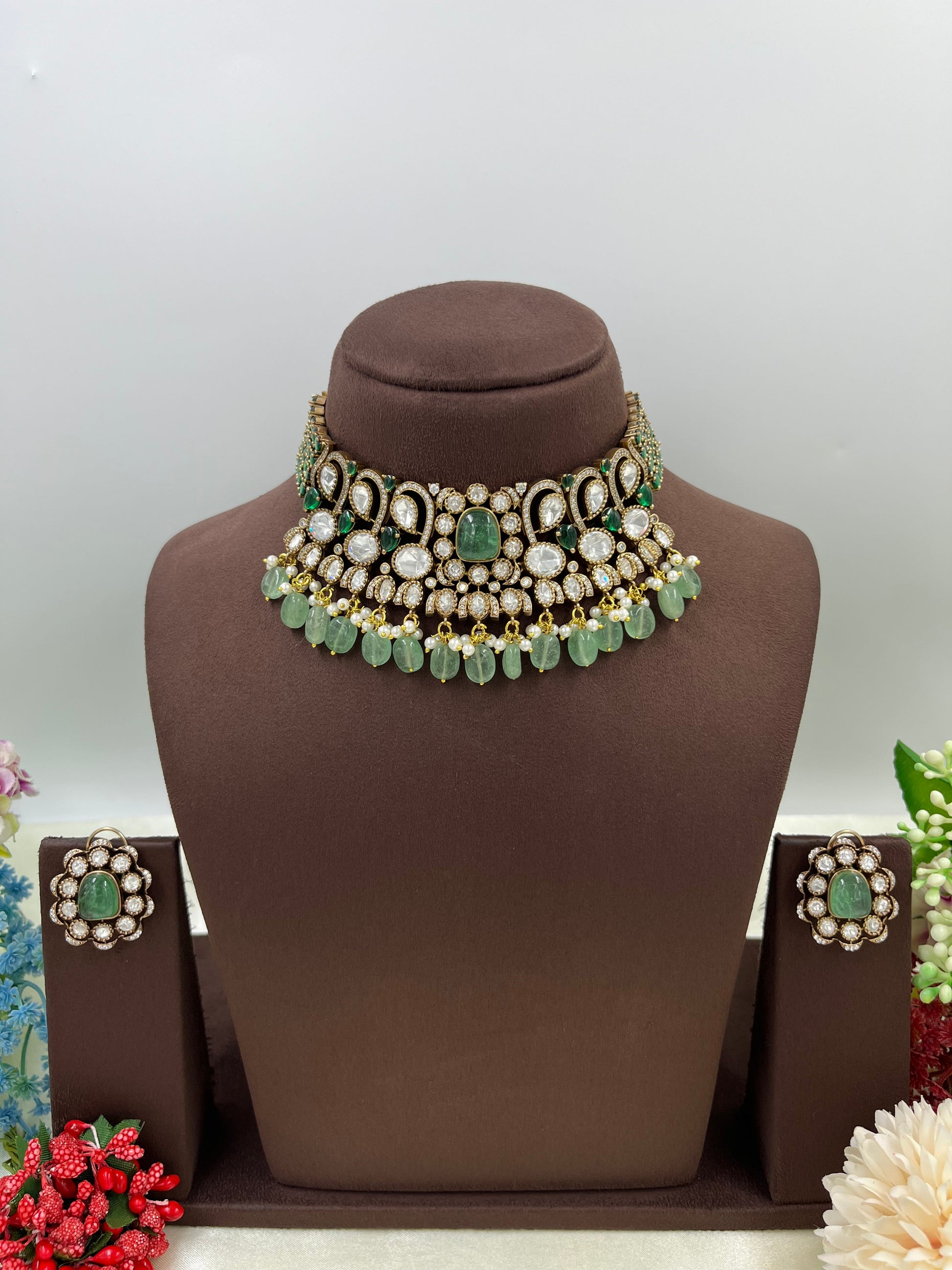Ruby Mint Choker Necklace Set detail shot showing Kundan work