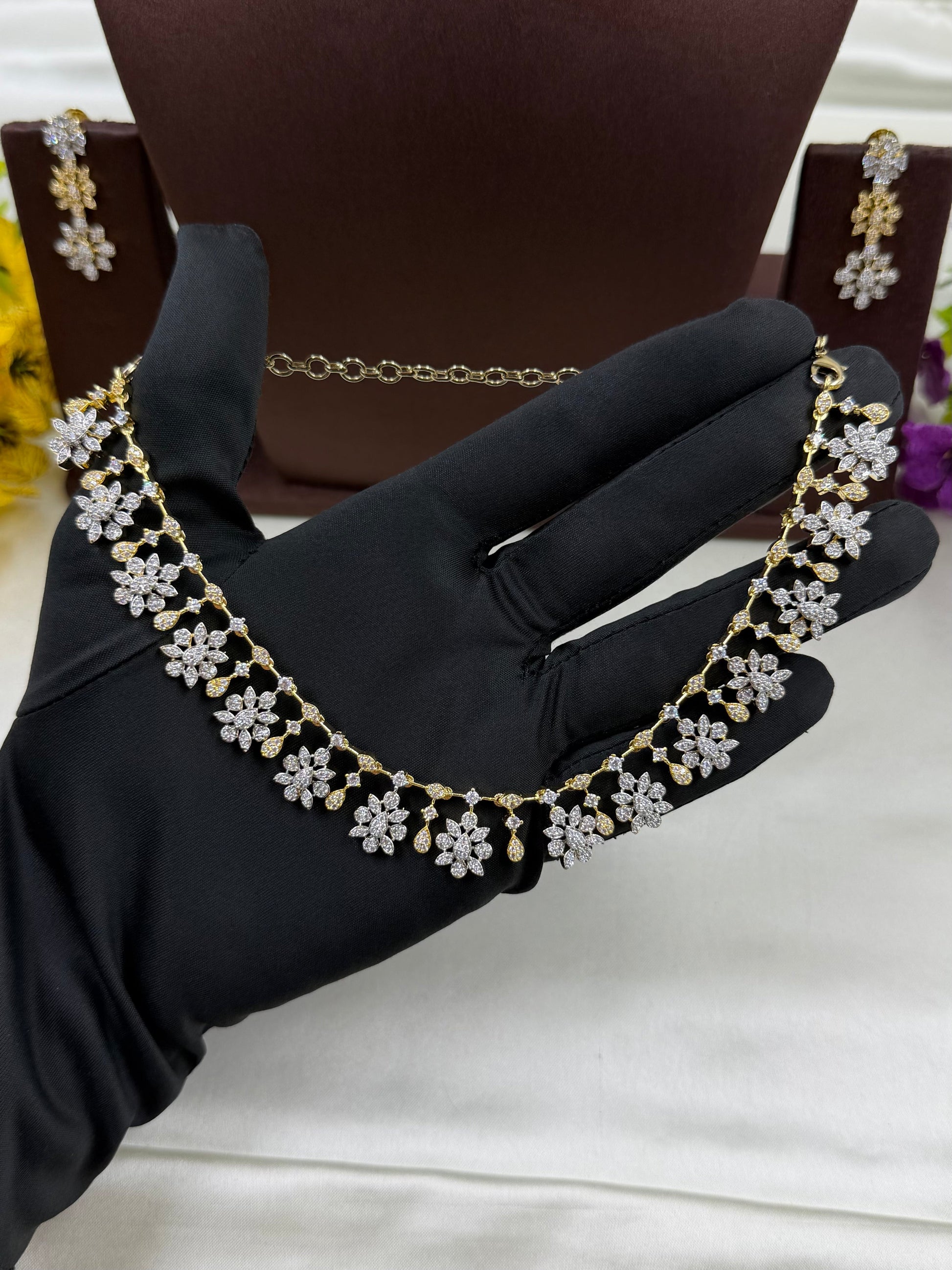 White Necklace Set detail shot showing American Diamond work