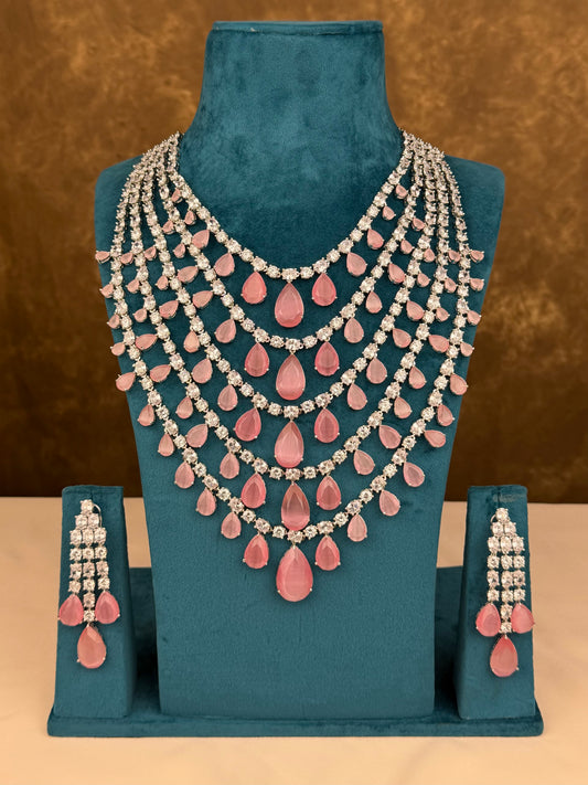 Dewdrop Rose Ensemble American Diamond Long Necklace Set