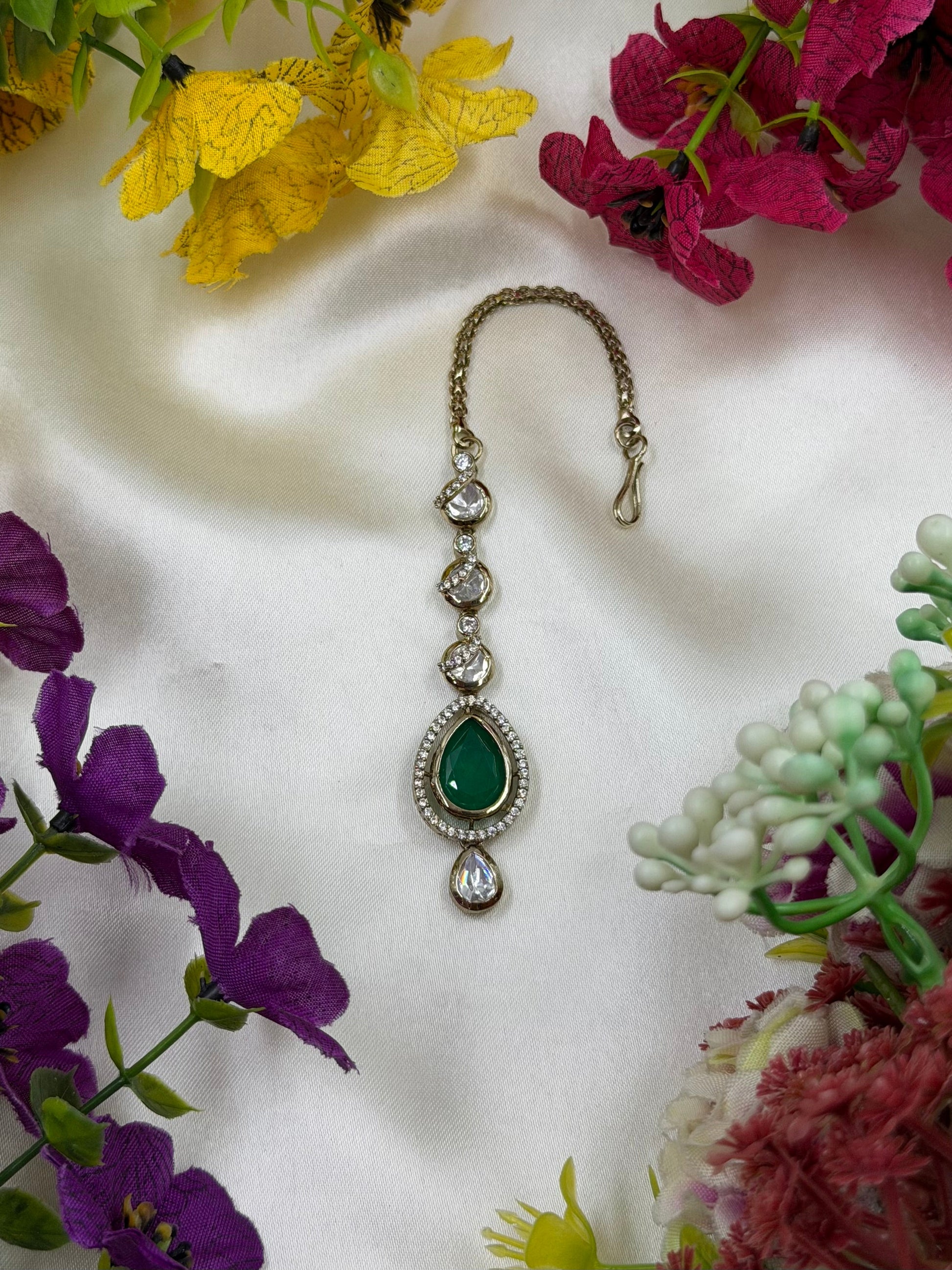 Ruby Maang Tikka detail shot showing Victorian work