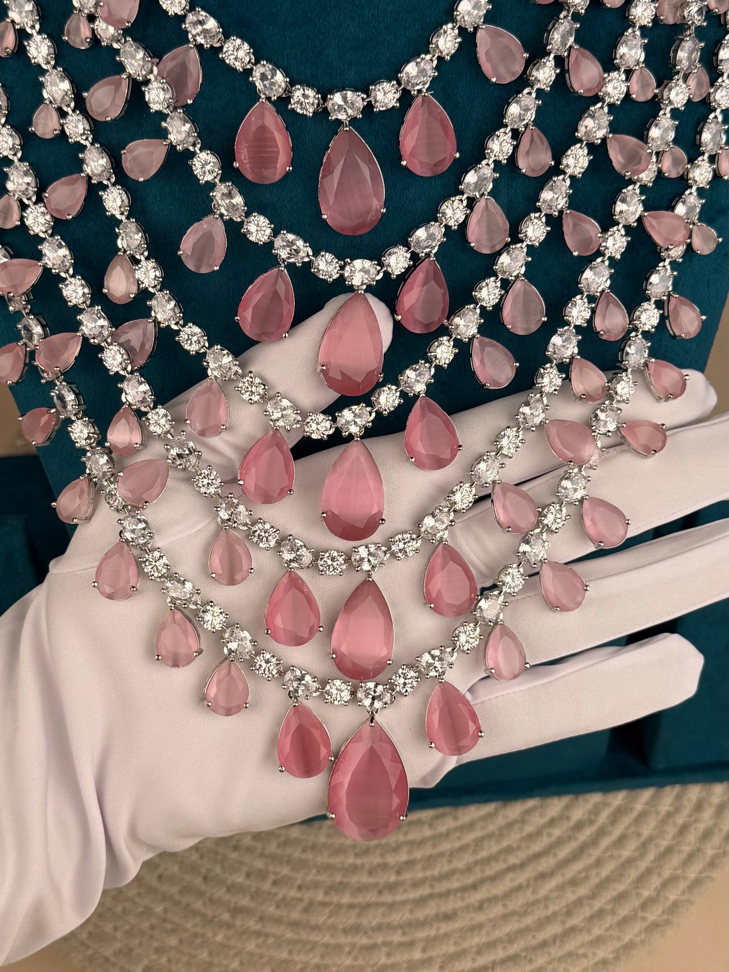 Dewdrop Rose Ensemble American Diamond Long Necklace Set