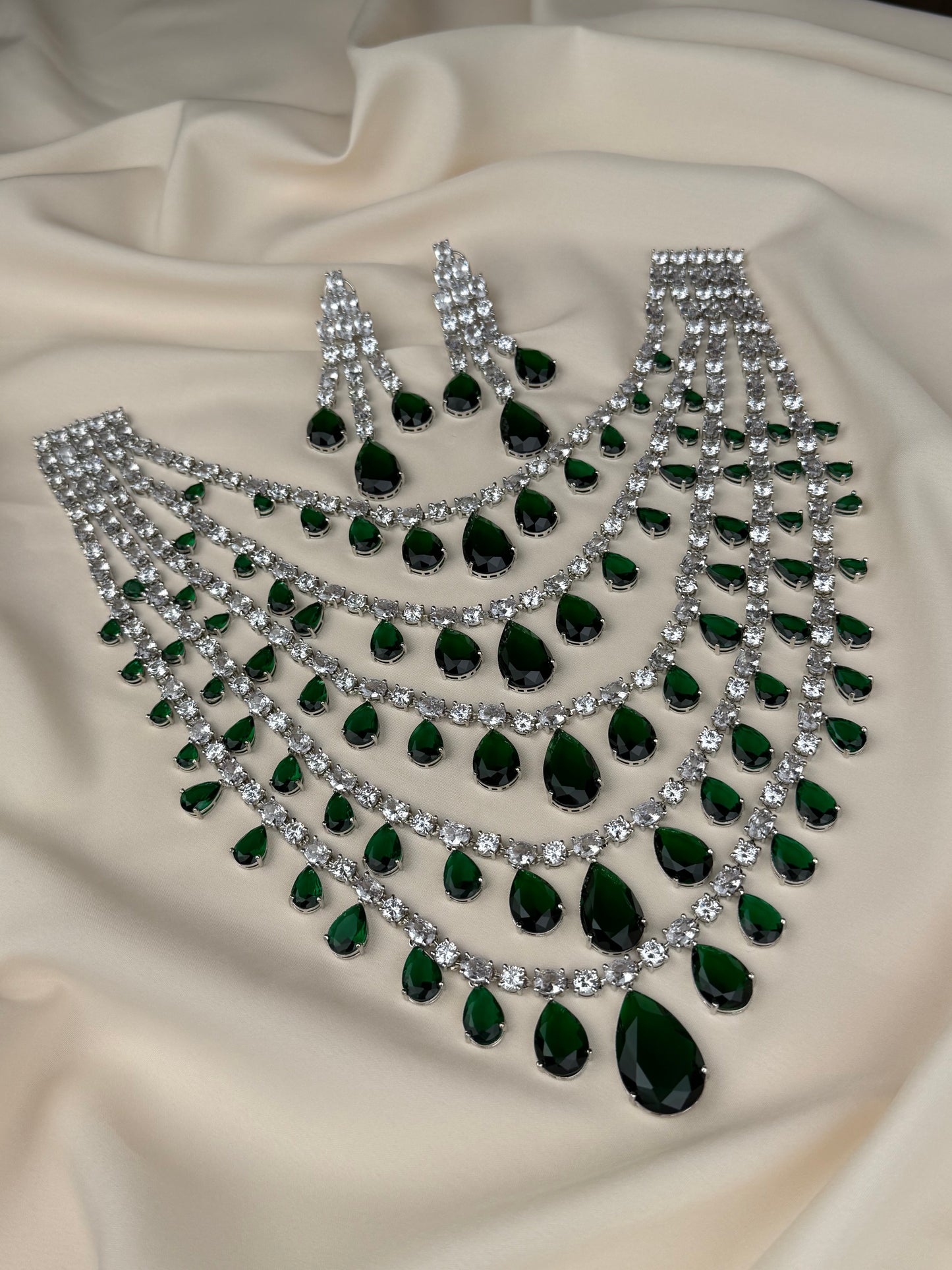 Dewdrop Rose Ensemble American Diamond Long Necklace Set