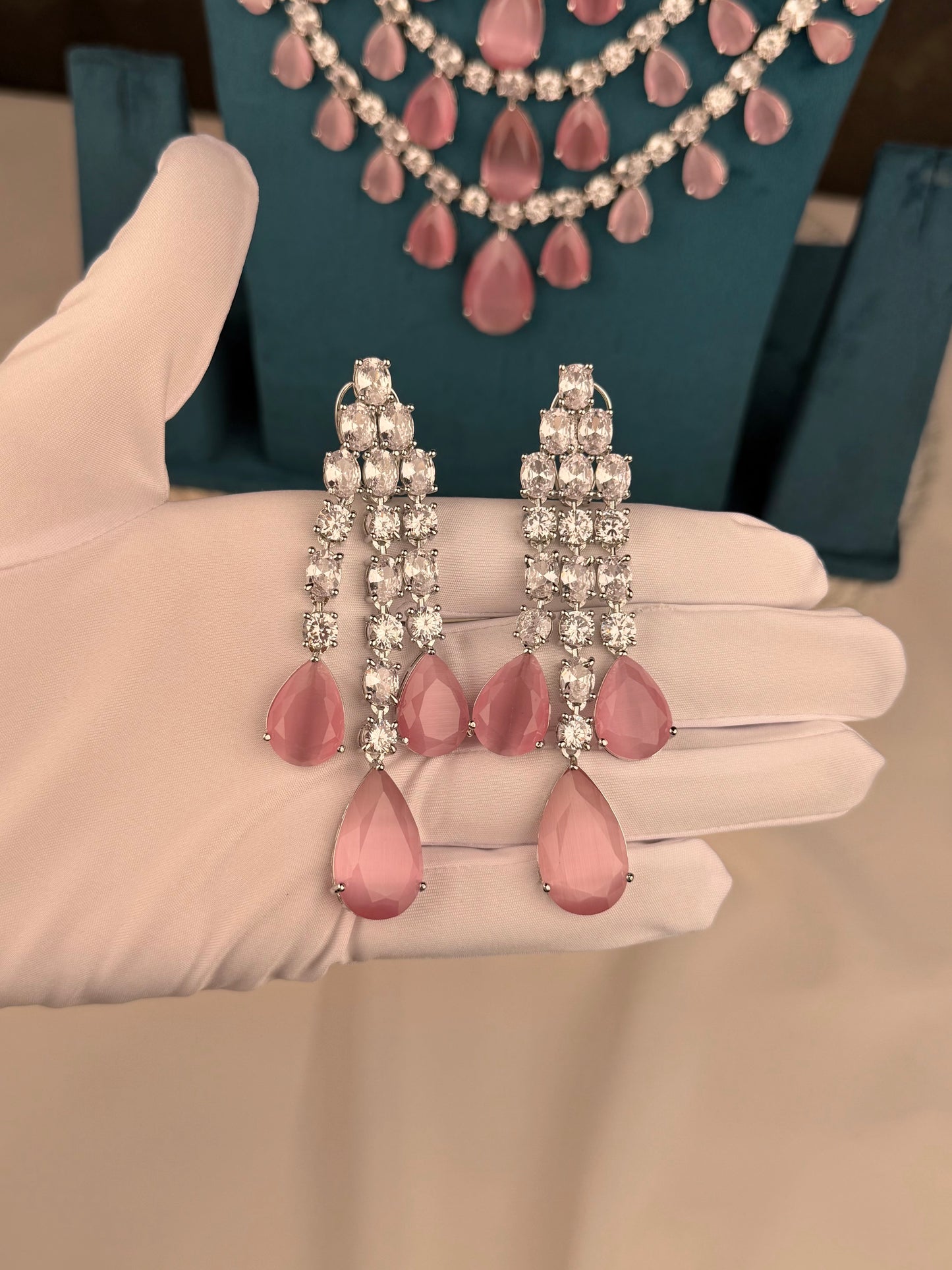 Dewdrop Rose Ensemble American Diamond Long Necklace Set