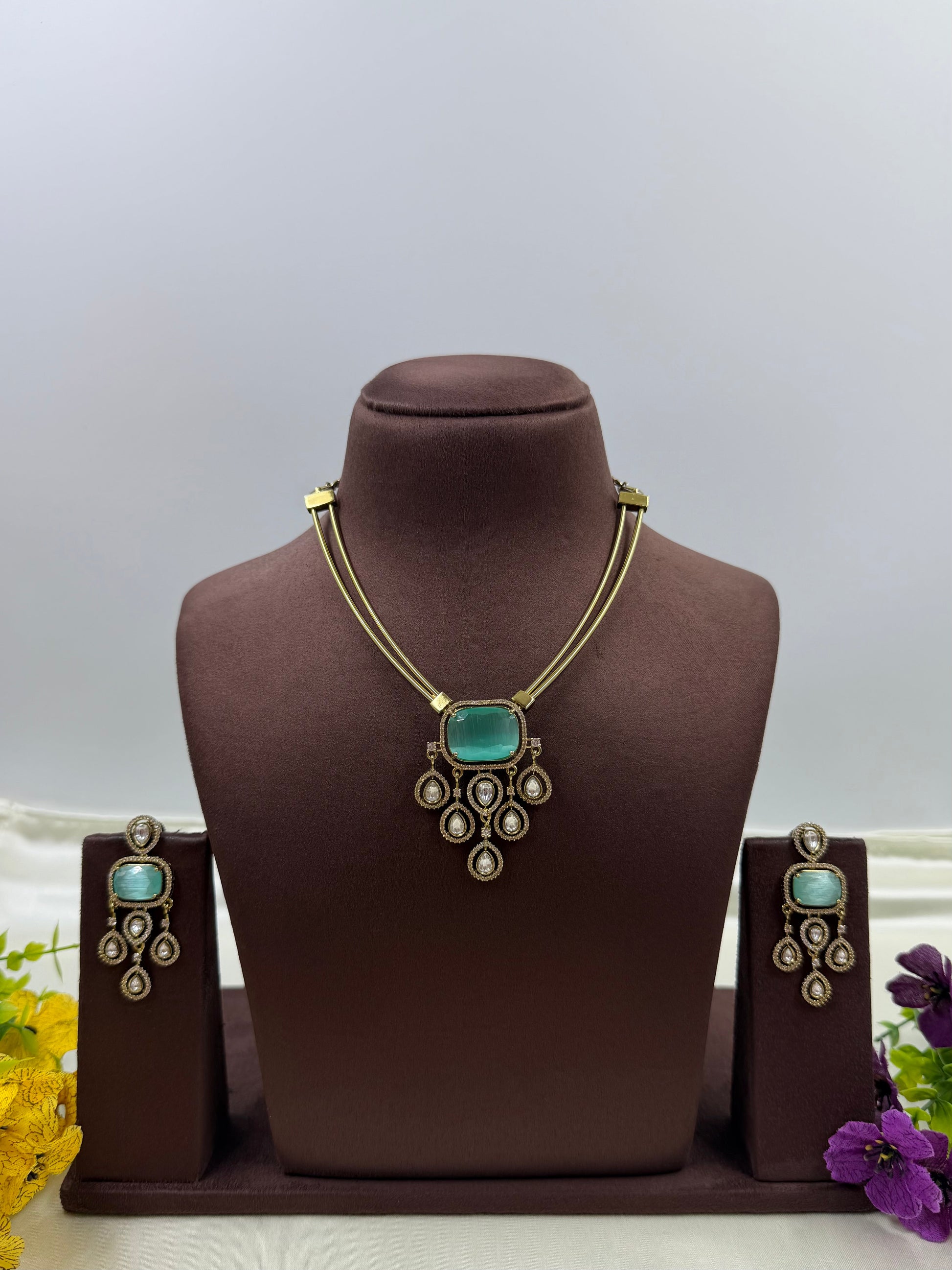 Green Necklace Set detail shot showing Victorian work